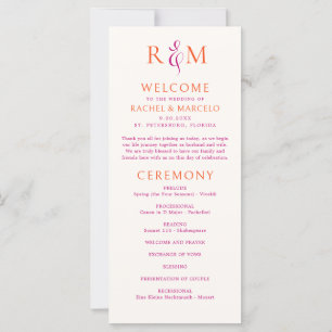 Bright Pink Orange Simple Monogram Wedding Program