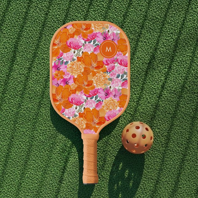 Bright Pink Orange Vibrant Floral Custom Monogram Pickleball Paddle (Creator Uploaded)
