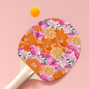 Bright Pink Orange Vibrant Floral Custom Monogram Ping Pong Paddle