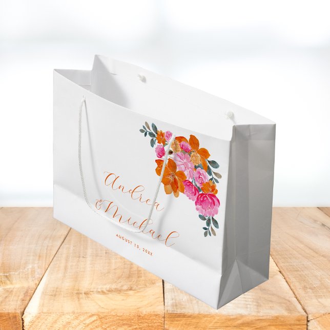 Bright Pink & Orange Vibrant Summer Floral Wedding Large Gift Bag (Creator Uploaded)