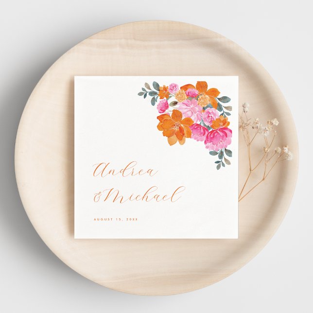 Bright Pink & Orange Vibrant Summer Floral Wedding Napkin (Creator Uploaded)