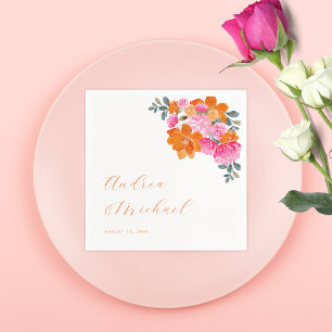 Bright Pink & Orange Vibrant Summer Floral Wedding Napkin