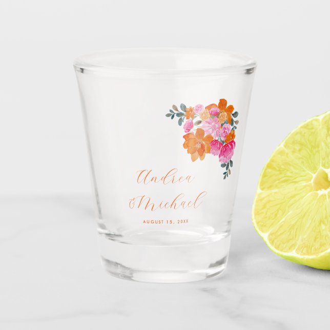 Bright Pink & Orange Vibrant Summer Floral Wedding Shot Glass (Front)