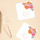 Bright Pink & Orange Vibrant Summer Floral Wedding Square Paper Coaster<br><div class="desc">Celebrate your wedding with these stylish,  vibrant paper coasters,  featuring custom text & colourful floral. Easily add your details by clicking on the "personalise" option.</div>