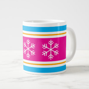Bright Pink Orange White Blue Stripes Snowflakes Large Coffee Mug