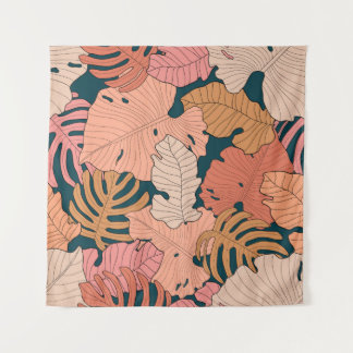 Bright pink, orange, yellow leaves of monstera and tapestry