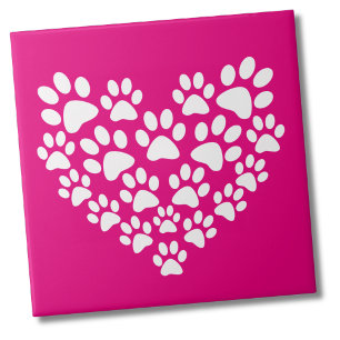 Bright Pink Paw Print Heart Tile