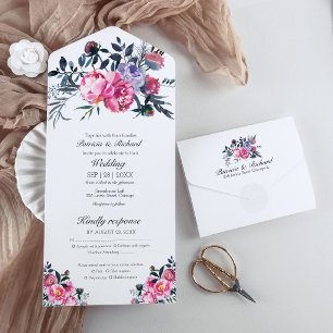 Bright Pink Peony Floral Monogram Elegant Wedding All In One Invitation