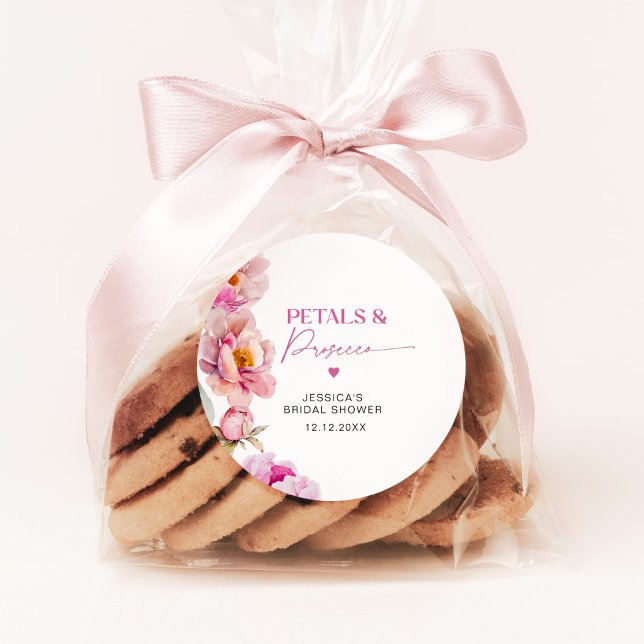 Bright pink peony petals and prosecco bridal classic round sticker (Creator Uploaded)