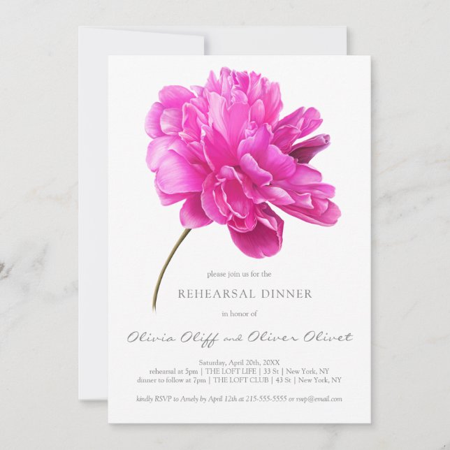 Bright Pink Peony Rehearsal Dinner Invitation (Front)