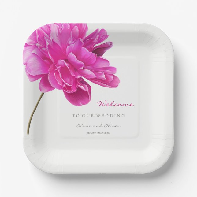 Bright Pink Peony Wedding Welcome Paper Plate (Front)