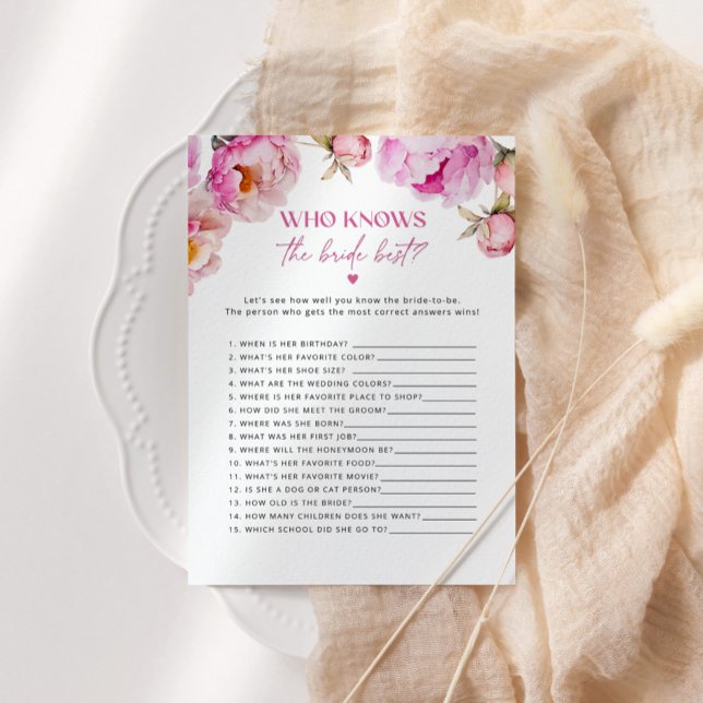 Bright pink peony Who knows the bride best card (Creator Uploaded)