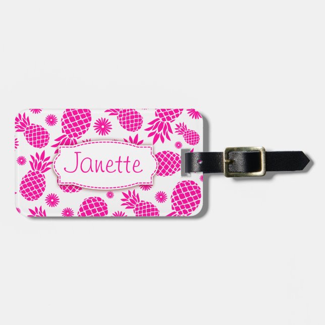 Bright pink pineapple and flower named luggage tag (Front Horizontal)