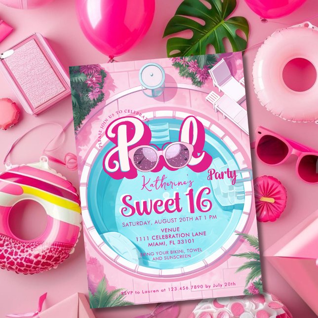 Bright Pink Pool Party Girly Sweet 16 Sixteen Invitation (Bright Pink Pool Party Girly Sweet 16 Sixteen Invitation)
