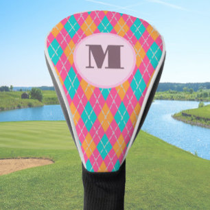 Bright Pink preppy argyle custom monogram ladies Golf Head Cover