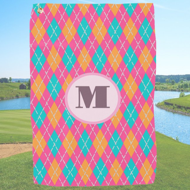 Bright pink preppy argyle custom monogram ladies golf towel (Creator Uploaded)