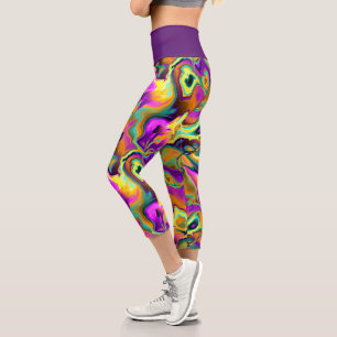 Bright Pink Purple Teal Turquoise Marble Fractals Capri Leggings