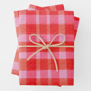 Bright Pink Red Painterly Plaid Christmas Holiday Wrapping Paper Sheet