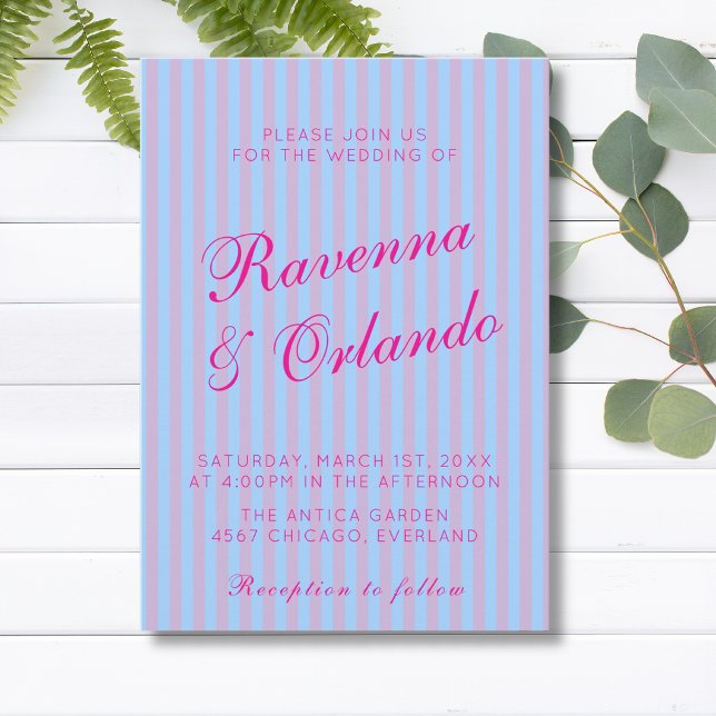 Bright Pink Retro Blue Pink Stripe Wedding Invitation (Creator Uploaded)