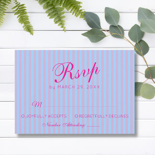 Bright Pink Retro Blue Pink Stripe Wedding RSVP Card