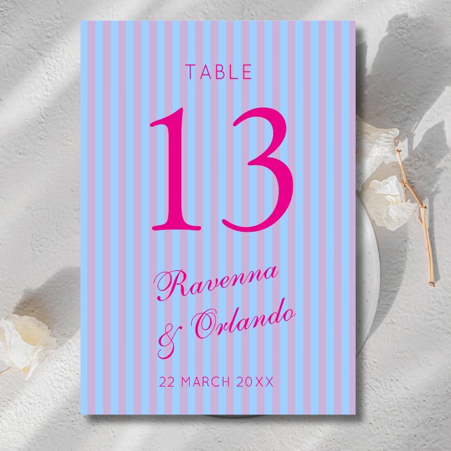 Bright Pink Retro Blue Pink Stripe Wedding Table Number (Creator Uploaded)