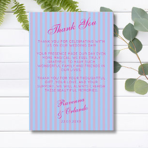 Bright Pink Retro Blue Pink Striped Thank You Card
