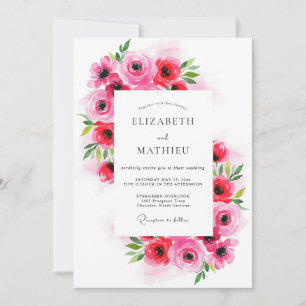 Bright Pink Romantic Watercolor Wedding Invitation