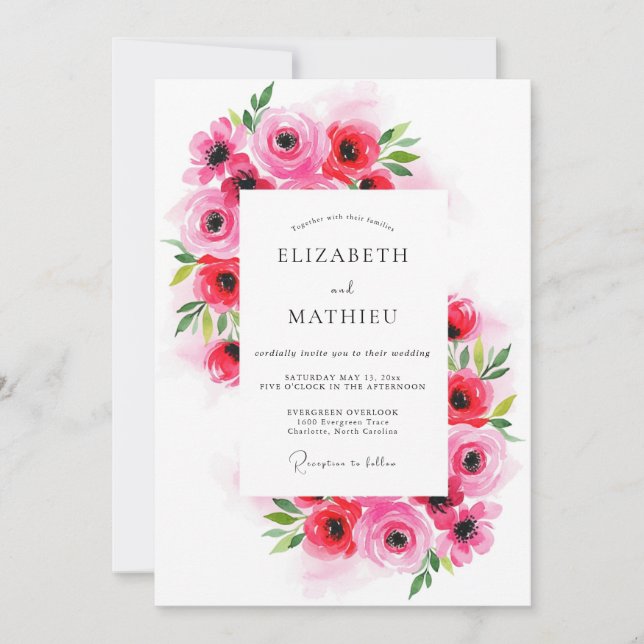 Bright Pink Romantic Watercolor Wedding Invitation (Front)