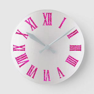 Bright Pink Rose Glitter Grey Silver Minimal Black Round Clock