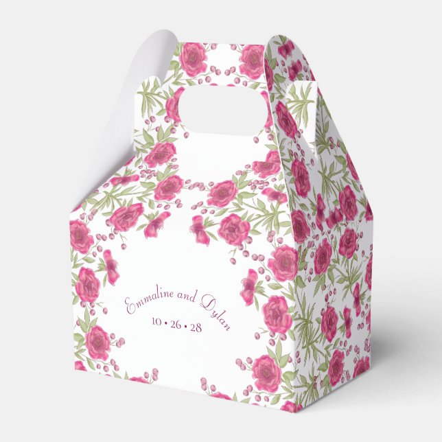 Bright Pink Rose Wedding Favour Box (Front Side)
