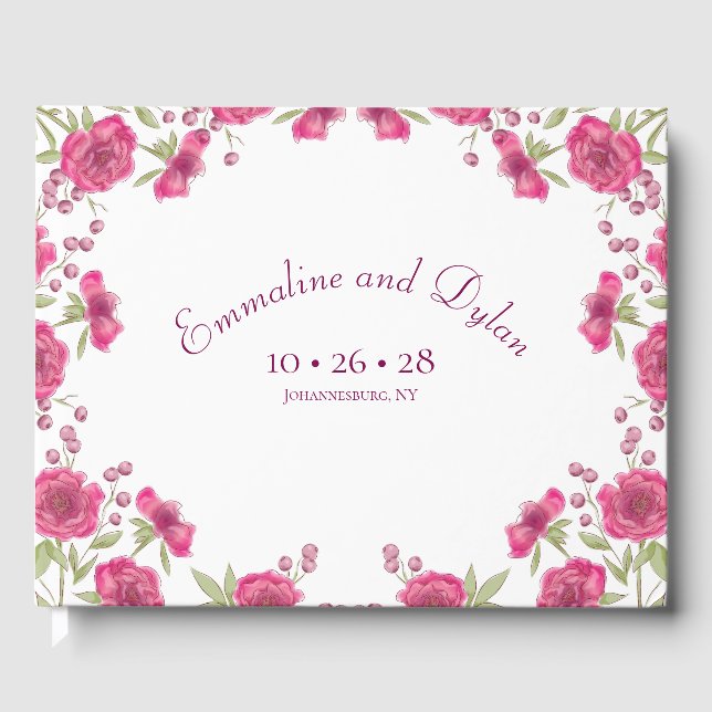 Bright Pink Rose Wedding Guest Book (Front)