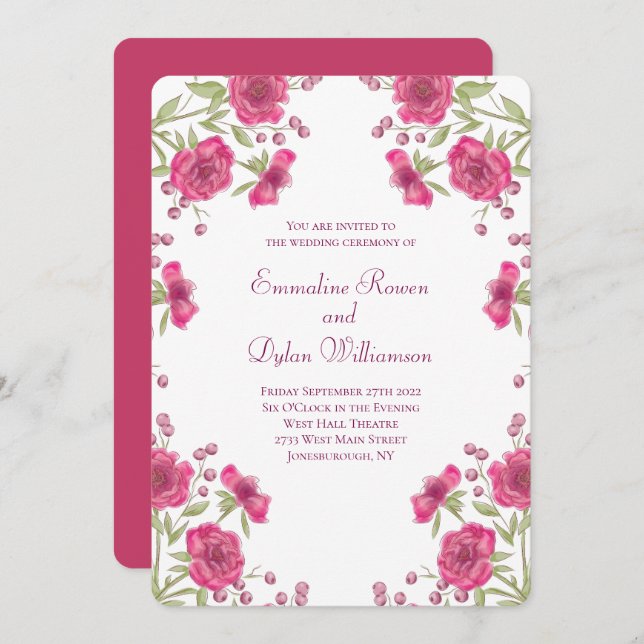 Bright Pink Rose Wedding Invitation (Front/Back)