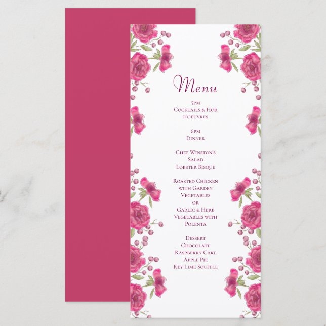 Bright Pink Rose Wedding Menus (Front/Back)