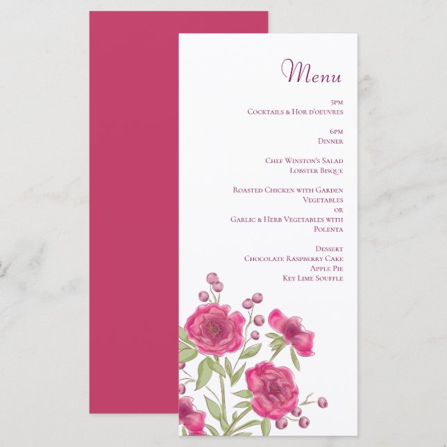 Bright Pink Rose Wedding Menus (Front/Back)