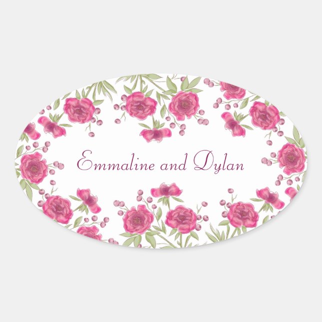 Bright Pink Rose Wedding Oval Sticker (Front)