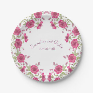Bright Pink Rose Wedding Paper Plate