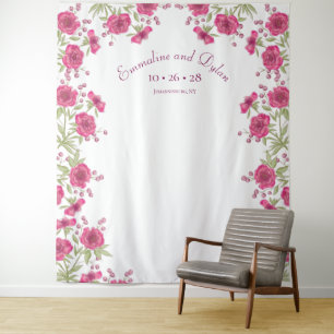 Bright Pink Rose Wedding Photo Backdrop Tapestry
