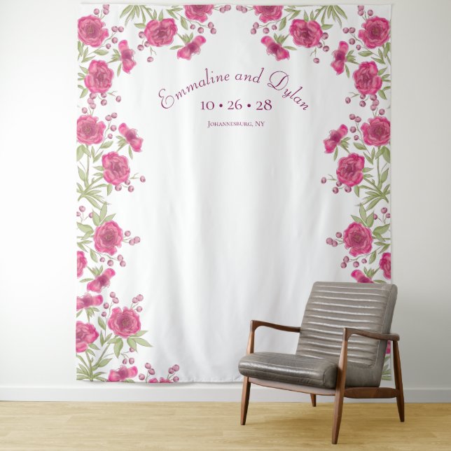 Bright Pink Rose Wedding Photo Backdrop Tapestry (In Situ)
