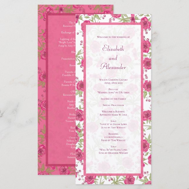 Bright Pink Rose Wedding Programs Menu (Front/Back)