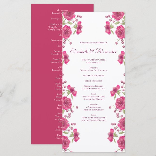 Bright Pink Rose Wedding Programs Menu (Front/Back)