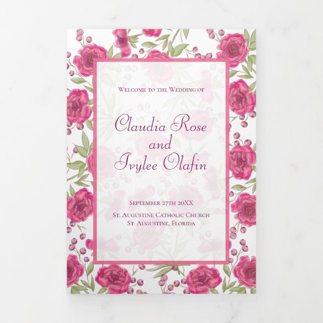 Bright Pink Rose Wedding Programs Tri-Fold Programme (Cover)