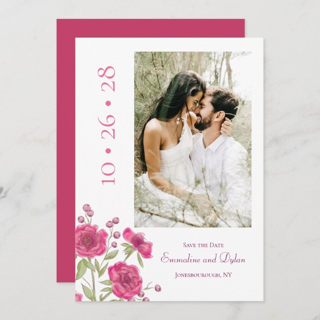 Bright Pink Rose Wedding Save the Date Invitation (Front/Back)
