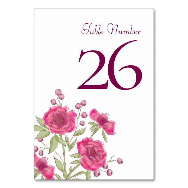 Bright Pink Rose Wedding Table Number (Front)