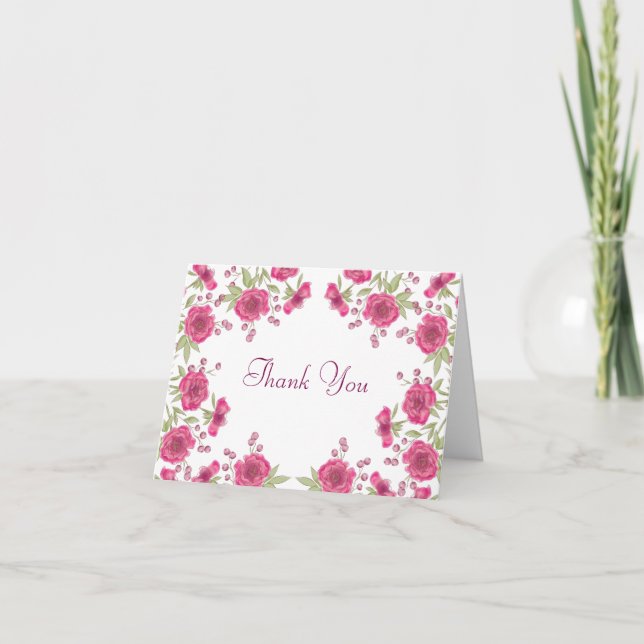 Bright Pink Rose Wedding Thank You Note Card (Front)