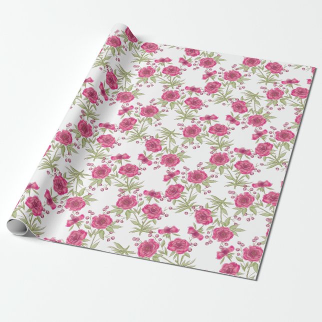 Bright Pink Rose Wedding Wrapping Paper (Unrolled)
