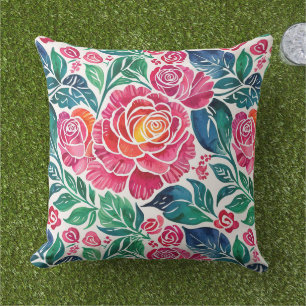 Bright Pink Roses and Teal Floral Cushion