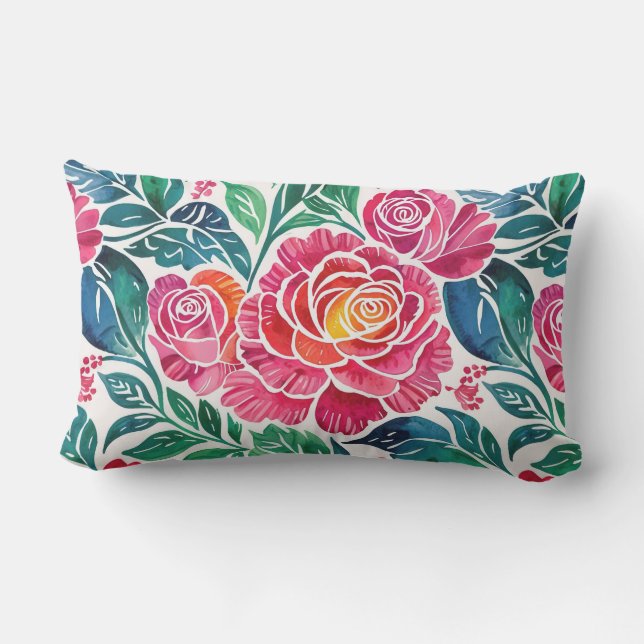 Bright Pink Roses and Teal Floral Lumbar Cushion (Back)