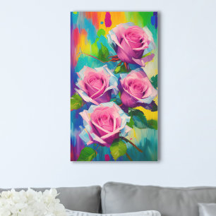 Bright Pink Roses Modern Digital Oil Painting Art Canvas Print