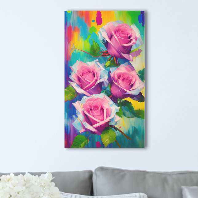 Bright Pink Roses Modern Digital Oil Painting Art Canvas Print (Creator Uploaded)