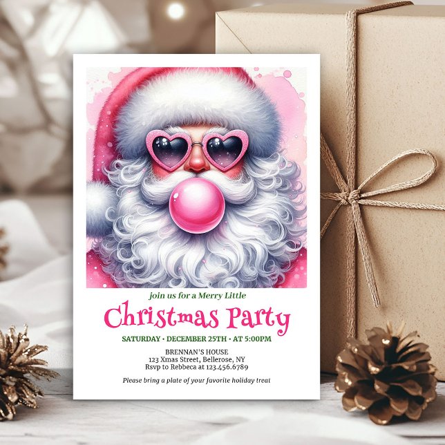 Bright pink santa chewing gum watercolor invite  (Bright pink santa chewing gum watercolor invite card)
